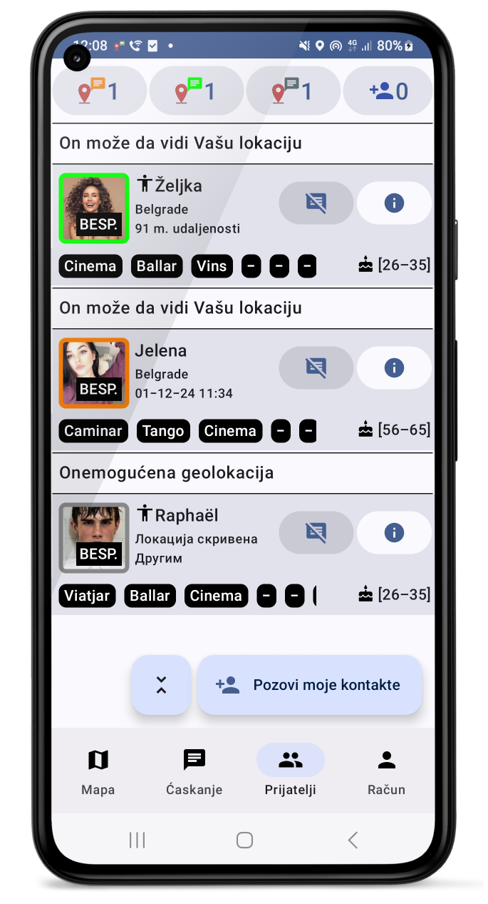 Kontakti i opcija sakrivanja lokacije
